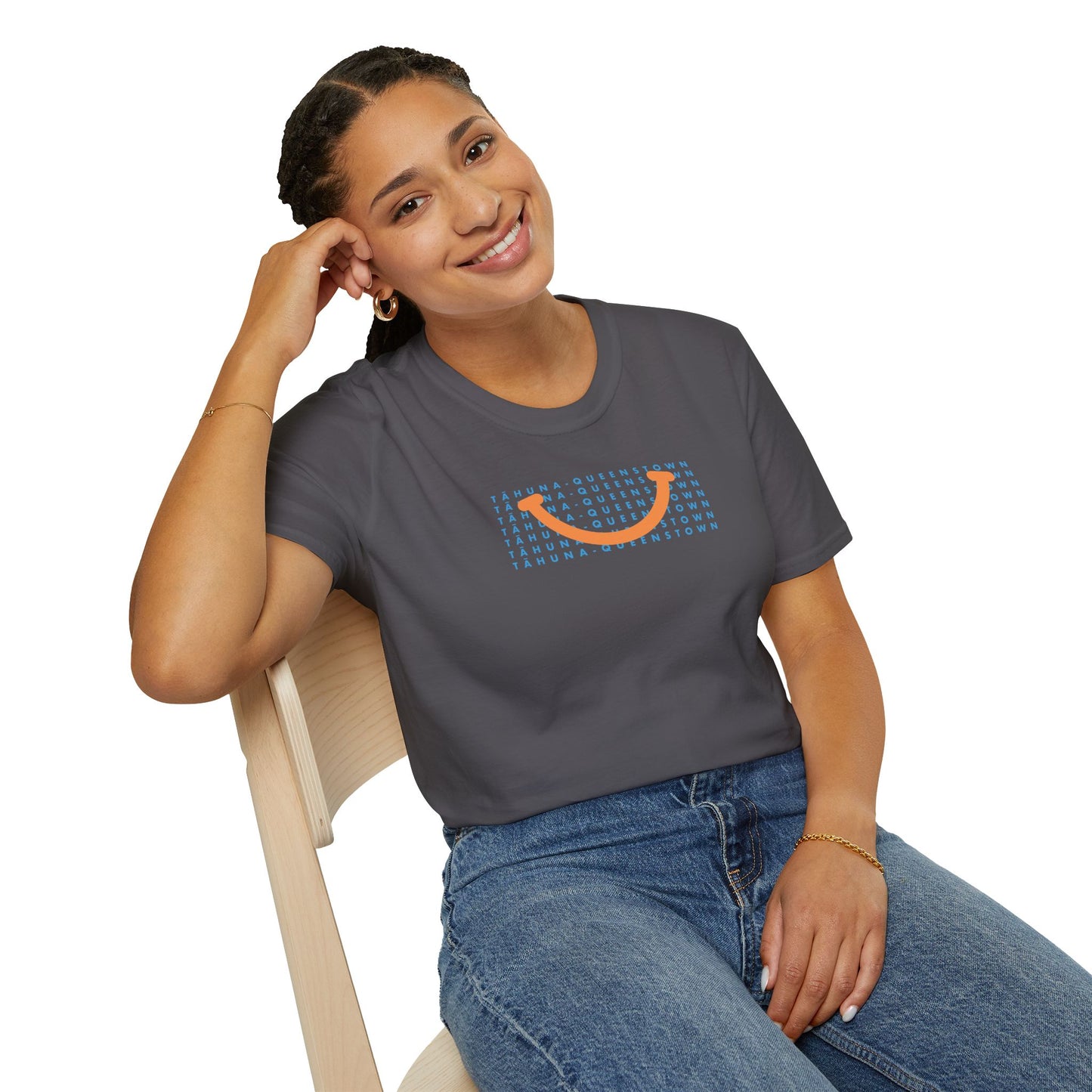 NEW - TĀHUNA - QUEENSTOWN SMILE LIGHT BLUE - Gildan 64000 Graphic Tee
