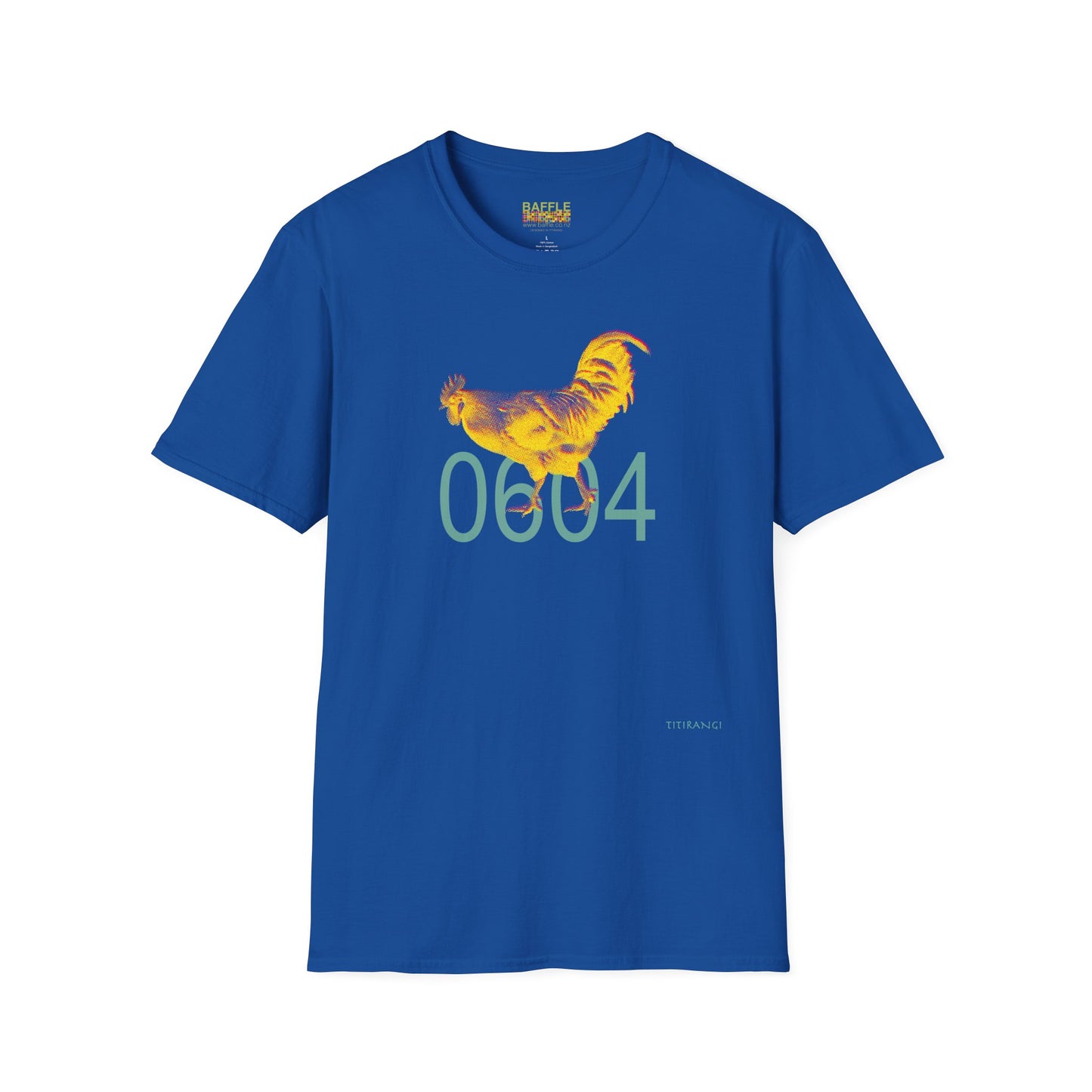 0604 ROOSTER HALF TONE BLUR - YELLOW - Titirangi - Gildan 64000 Graphic Tee