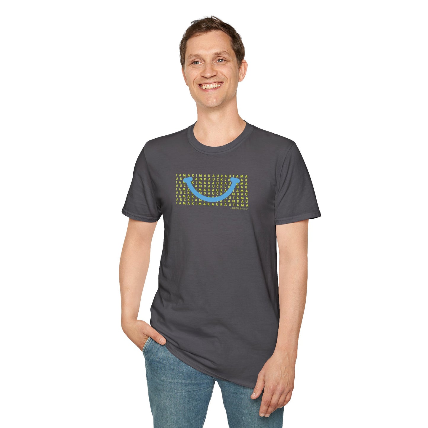 NEW - TAMAKI MAKAURAU / AUCKLAND SMILE LIGHT BLUE - Gildan 64000 Graphic Tee